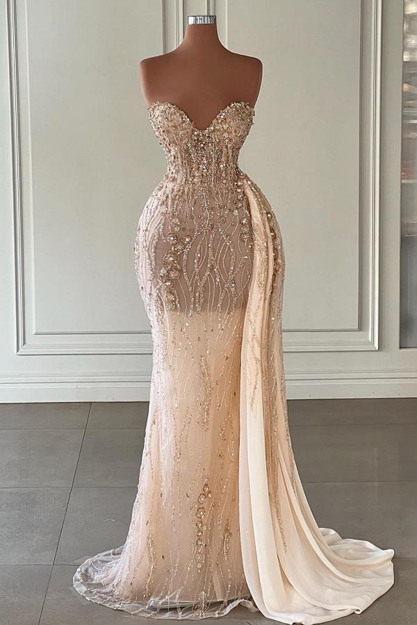 Glitter Crystals Sweetheart Strapless Mermaid Evening Party Dress with Side Sweep Train for Wedding