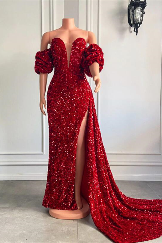 Off the shoulder Black Mermaid High Split Prom Dresses