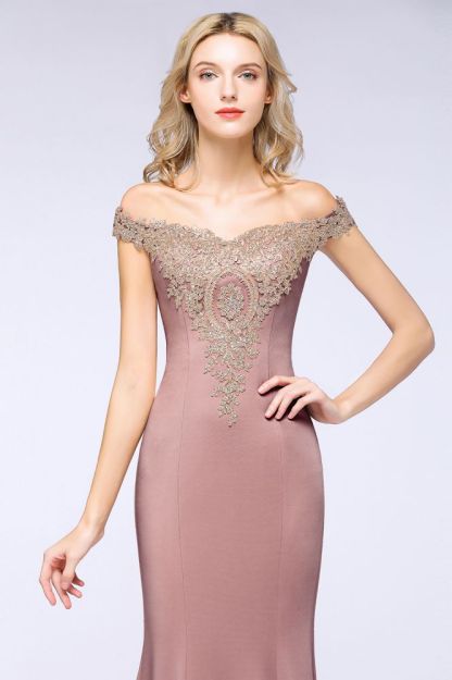 Simple Off-the-shoulder Burgundy Formal Dress with Lace Appliques