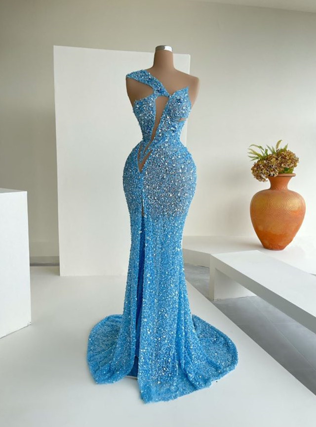 Sky Blue One shoulder Mermaid Sequin Prom Dresses