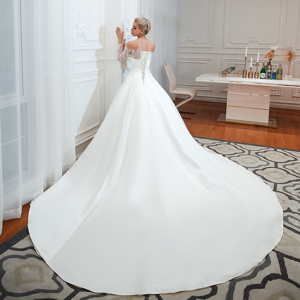 Romantic Lace Long Sleeves Princess Satin Wedding Dress | Princess Bridal Gowns with Cathedral Train