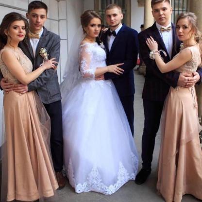 Lace Appliques Long Sleeve Wedding Dresses | Tulle Floor Length Bridal Gowns