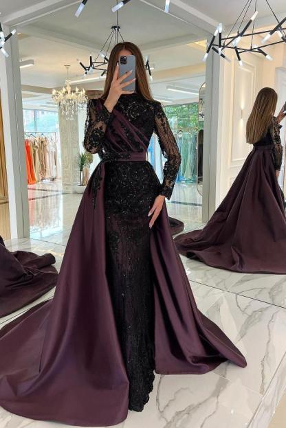 Amazing Long Sleeves Satin Mermaid Prom Dress Black Sequins Long Evening Dress with Sweep Train