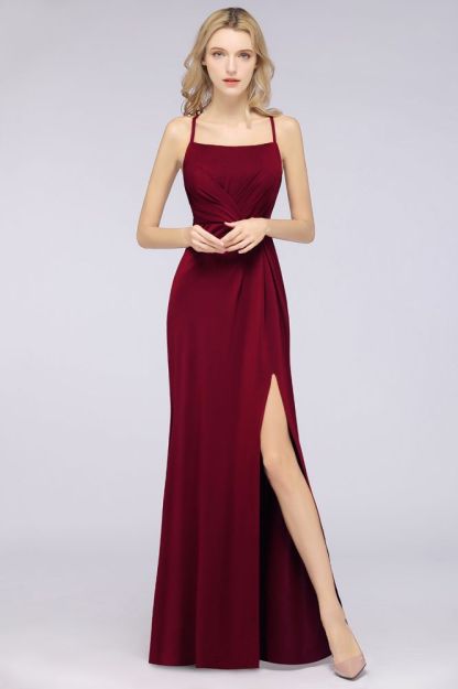 Spandex Lace Mermaid Spaghetti-Straps Sleeveless Long Bridesmaid Dress with Ruffle