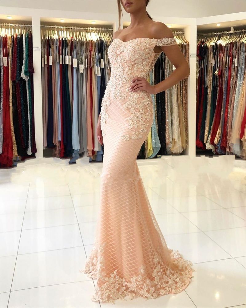 Off-the-shoulder Pink Lace Appliques Mermaid Evening Dress