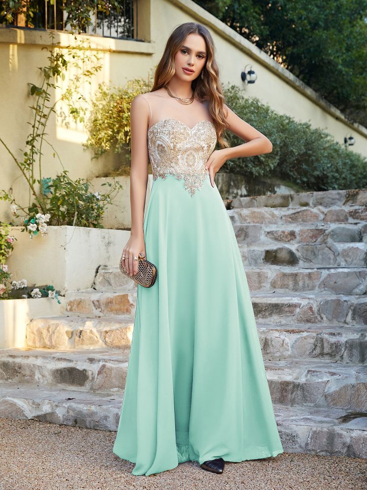 Sleeveless Lace Appliques Long Prom Dresses Chiffon Evening Party Gown