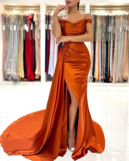 Stunning Stretch Satin Off Shoulder Evening Gown with Side Slit Detachable Train