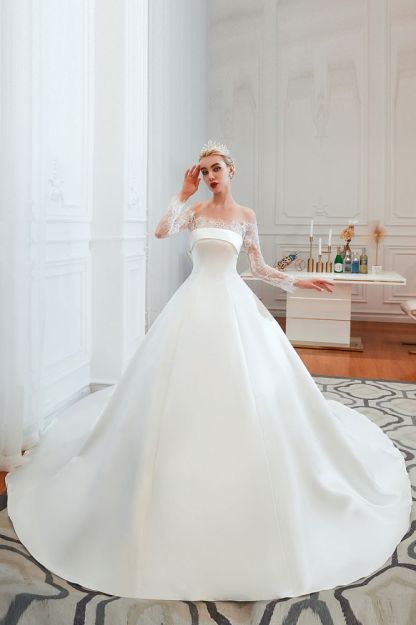 Romantic Lace Long Sleeves Princess Satin Wedding Dress | Princess Bridal Gowns with Cathedral Train