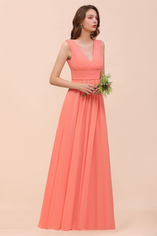 Coral V-Neck Aline Bridesmaid Dress Sleeveless Wedding Guest Dress