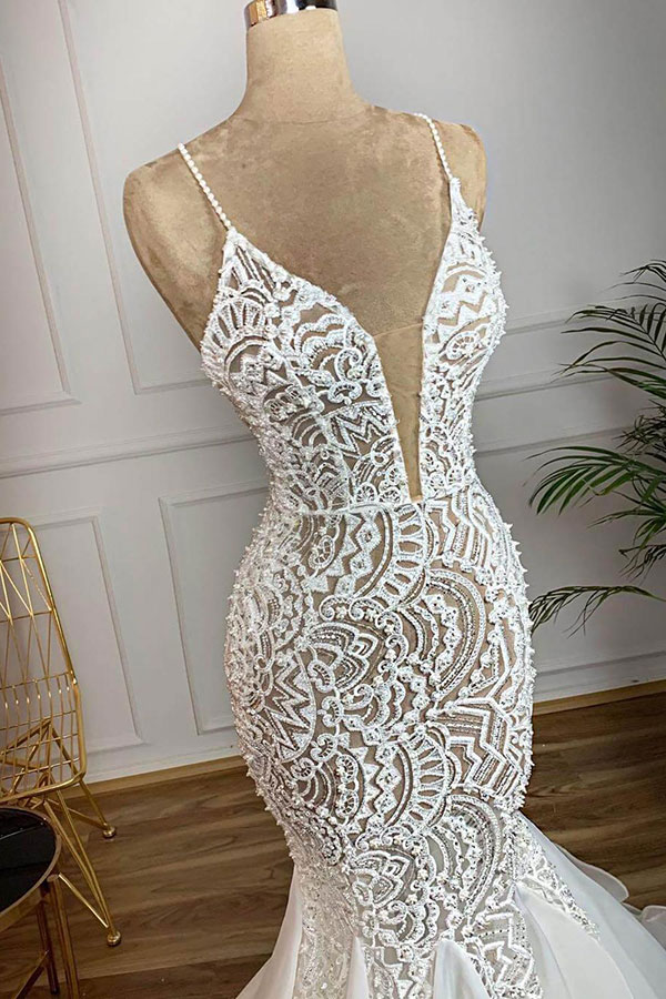 Luxury Spaghetti Strap Plugging V-neck White Sleeveless Mermaid Hollow Wedding Dress