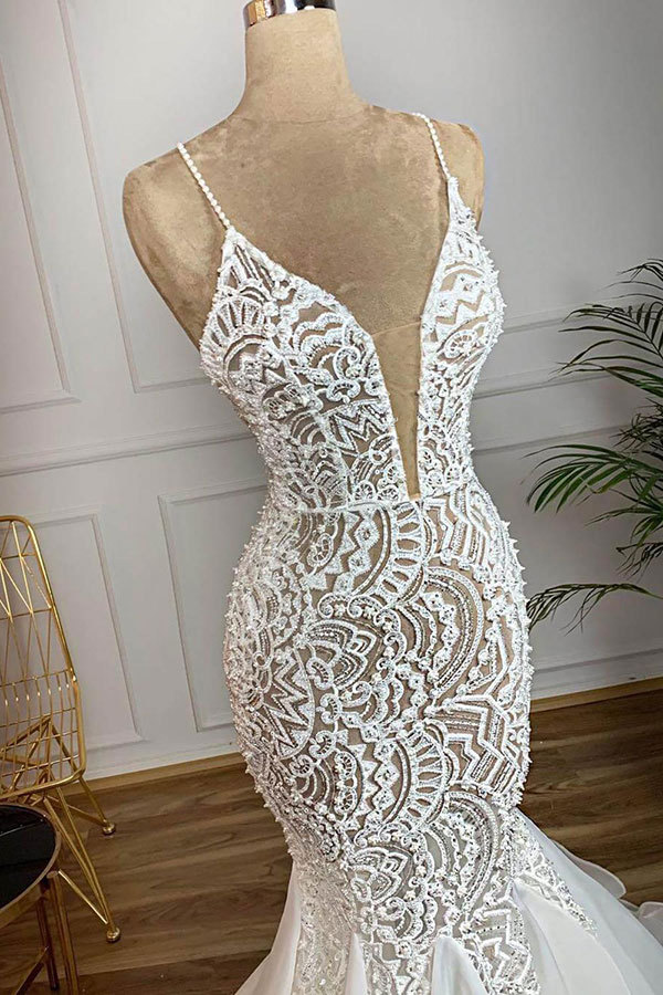 Luxury Spaghetti Strap Plugging V-neck White Sleeveless Mermaid Hollow Wedding Dress