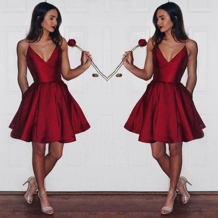 Elegent Simple Satin Short A line Homecoming Dress V-neck Spaghetti-Straps Ruffle Prom Dress