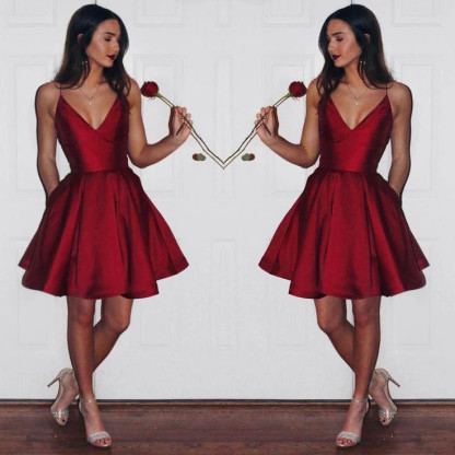 Elegent Simple Satin Short A line Homecoming Dress V-neck Spaghetti-Straps Ruffle Prom Dress