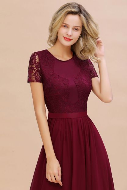 Abraham | Burgundy Short Sleeve Lace Simple Chiffon Formal Dress, Pink, Dark Green