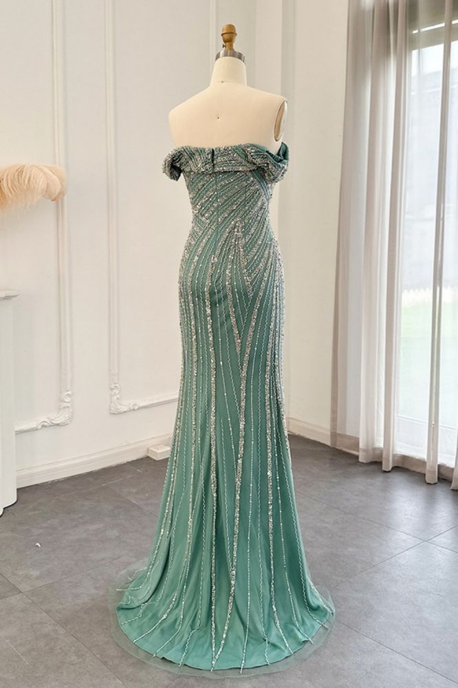 Charming Strapless Beading Mermaid Evening Dress Dubai Tulle Party Gown with Sweep Train
