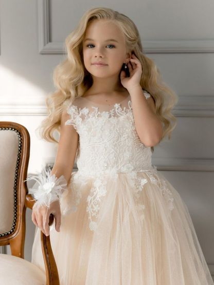 Sleeveless Floor-Length Tulle Flower Girl Dresses Lace Appliques Girl Formal Dress