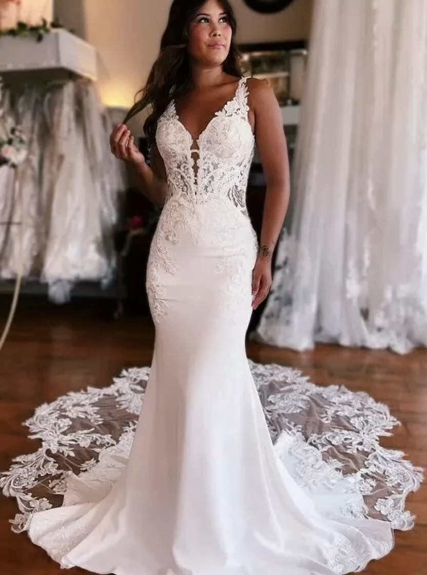 Lace Sleeveless Straps Mermaid Wedding Dress with Train