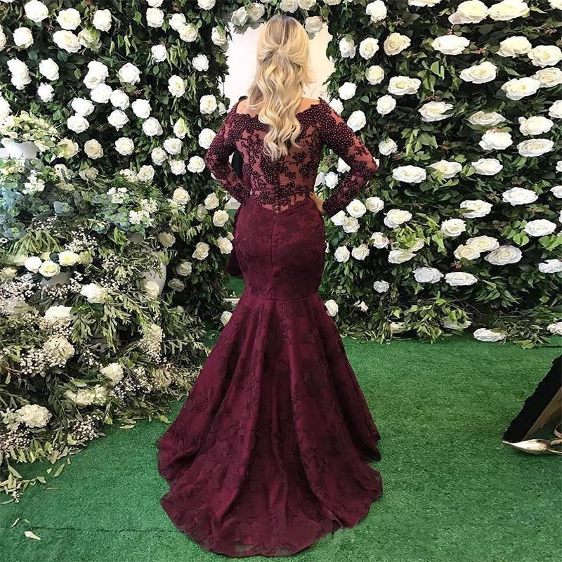 Elegant Long Sleeve Burgundy Evening Dress Mermaid Lace Appliques BMT