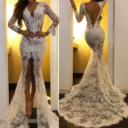 Lace Appliques Sexy White Evening Dresses | Long Sleeve Prom Dresses with Slit
