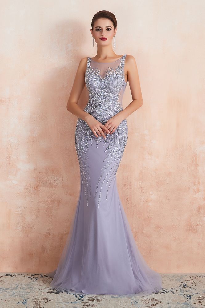 Chipo | Luxury Illusion neck Lavender White Beads Prom Dress Online, Expensive Low back Column Evening Gowns-Babyonlinewholesale