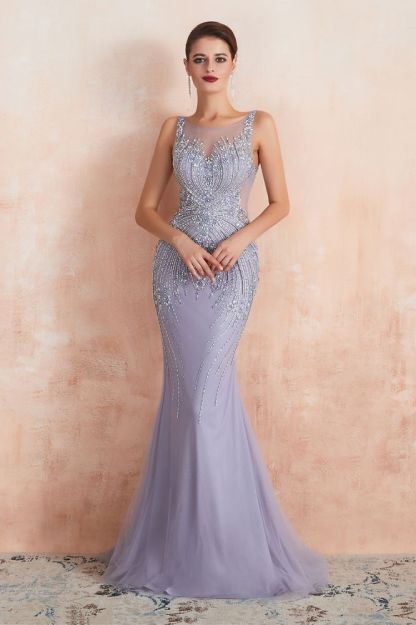 Chipo | Luxury Illusion neck Lavender White Beads Prom Dress Online, Expensive Low back Column Evening Gowns-Babyonlinewholesale