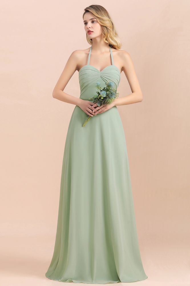 Chic halter Sage Color Aline Bridesmaid Dress Sweetheart Chiffon Long Wedding Guest Dress