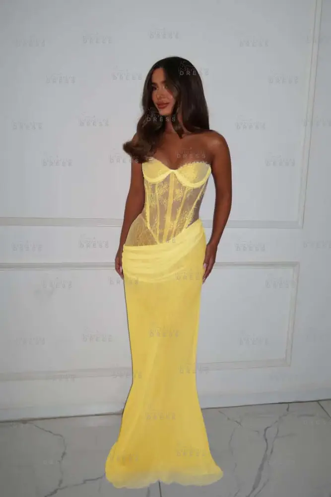 Strapless Sleeveless Long Mermaid Prom Dress With Lace Pleated
