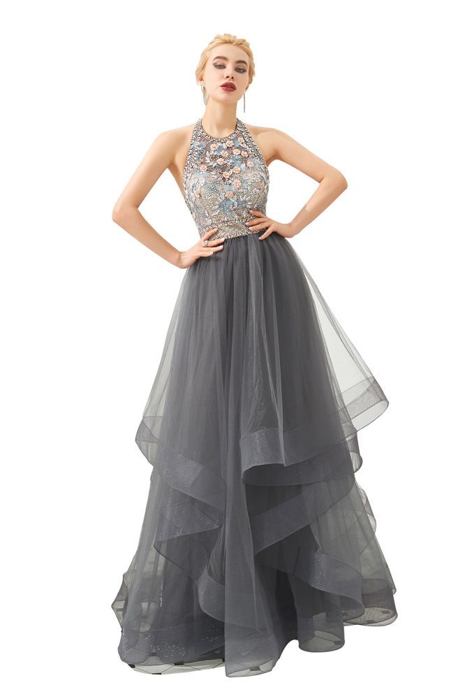 Floral Halter Evening Dress with Sparkle Beads | Trendy Gray Mother of the bride Dress with watermelon and blue decorations-Babyonlinewholesale