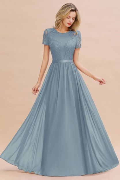 Retro Chiffon Lace Scoop Short-Sleeves Online Bridesmaid Dress