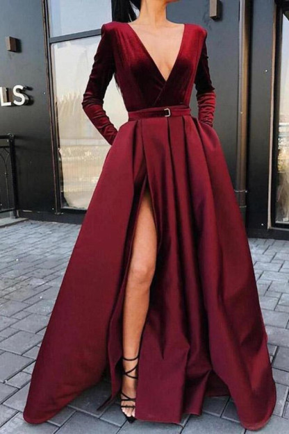 Long sleeves V-neck A-line Princess High Split Prom Dresses