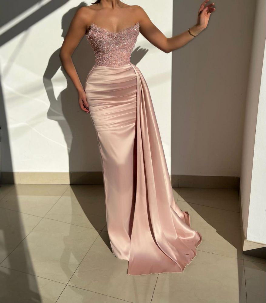 Charming Pink Strapless Sequined Satin Prom Dress with Ruffles