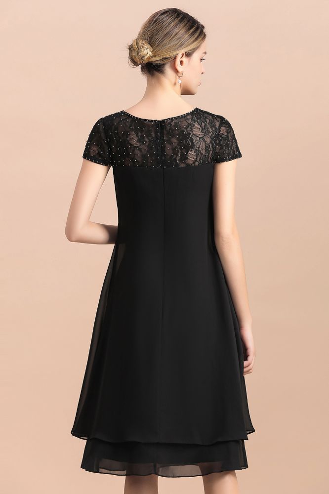 Black Short Sleeves Lace Wedding Party Dress Chiffon Knee Length Dress