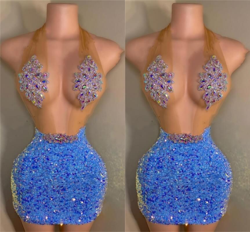 Beaded Blue Sparkle Sequin Halter Prom Dresses