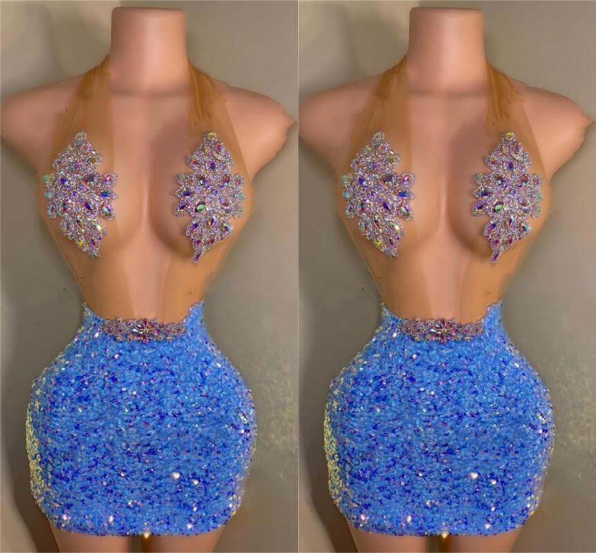 Beaded Blue Sparkle Sequin Halter Prom Dresses