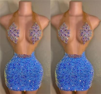 Beaded Blue Sparkle Sequin Halter Prom Dresses