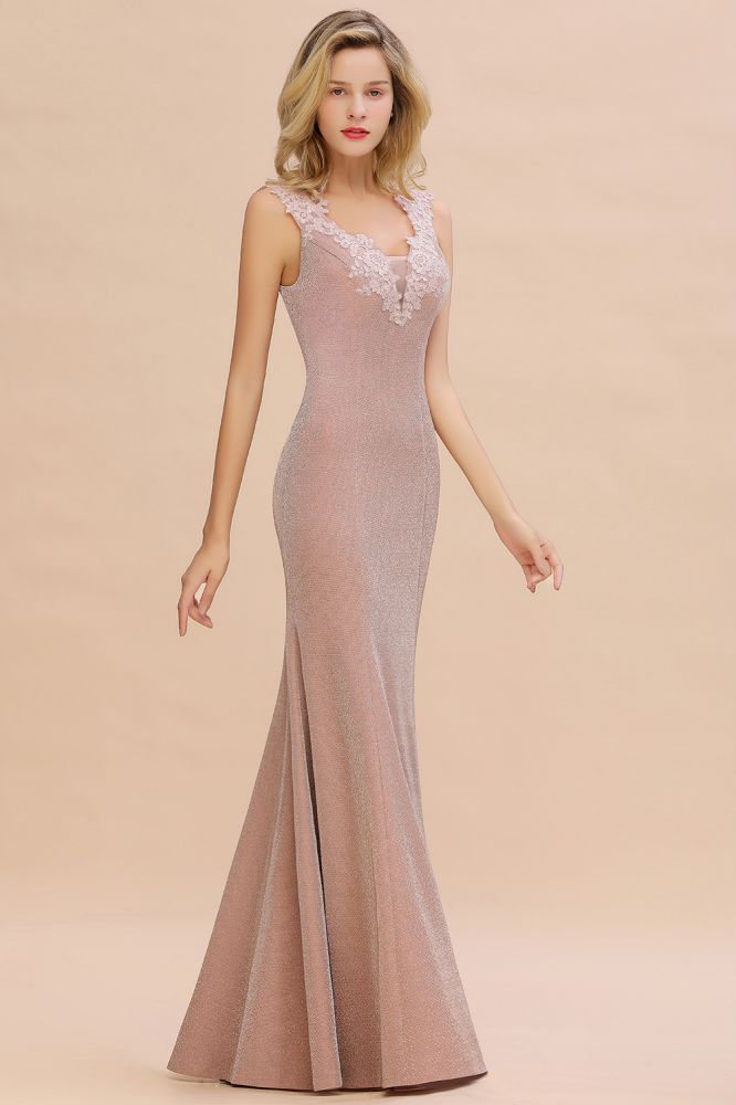 Sparkly Deep V-neck Long Evening Dresses | Elegant Flowers Neck Sleeveless Pink Floor-length Formal Dress-Babyonlinewholesale