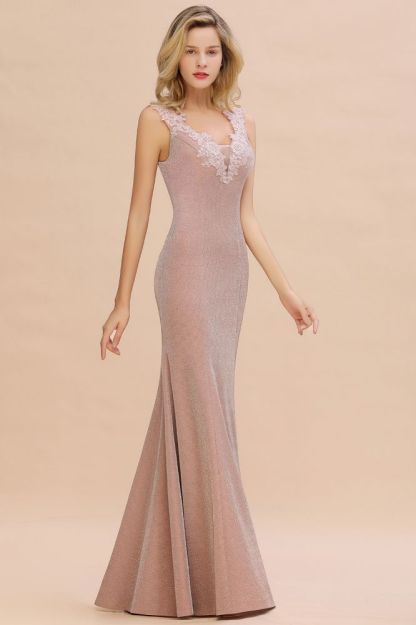 Sparkly Deep V-neck Long Evening Dresses | Elegant Flowers Neck Sleeveless Pink Floor-length Formal Dress-Babyonlinewholesale