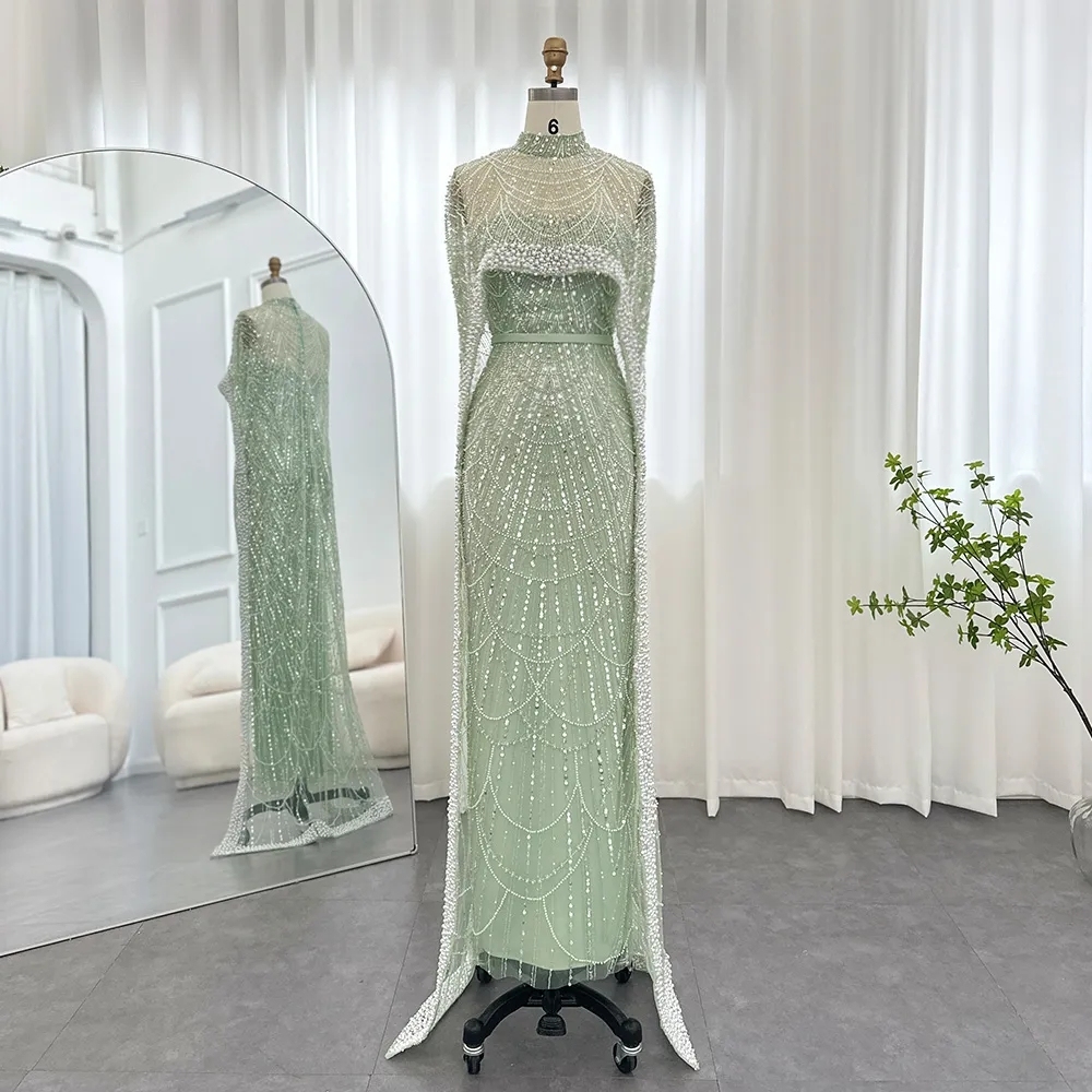 Luxury Pearls Dubai Mermaid Evening Dress with Cape Sleeves Seequined Floor Length Party Dress