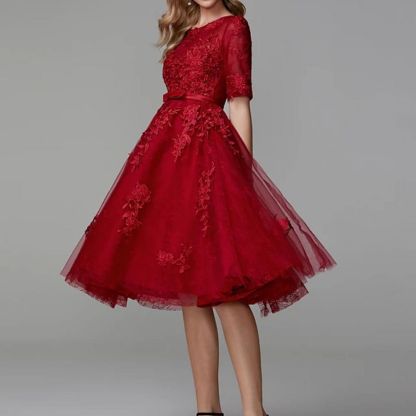 Burgundy Half Sleeves Burgundy Tulle Lace Formal Dress Short Daily Wear Dress