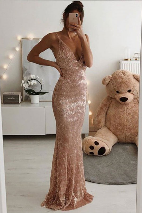 Dusty Rose Spaghetti Strap Deep V-neck Column Long Prom Dresses Online