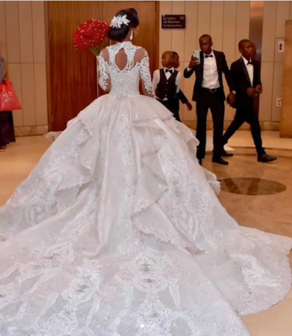 Ball Gown High-neck Luxury Train Long Sleeves Sparkle Applique Satin Wedding Dresses