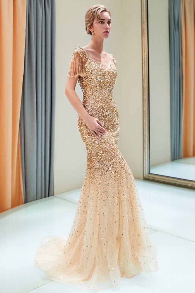 MELISSA | Mermaid Off-the-shoulder V-neck Floor Length Sequins Evening Dresses