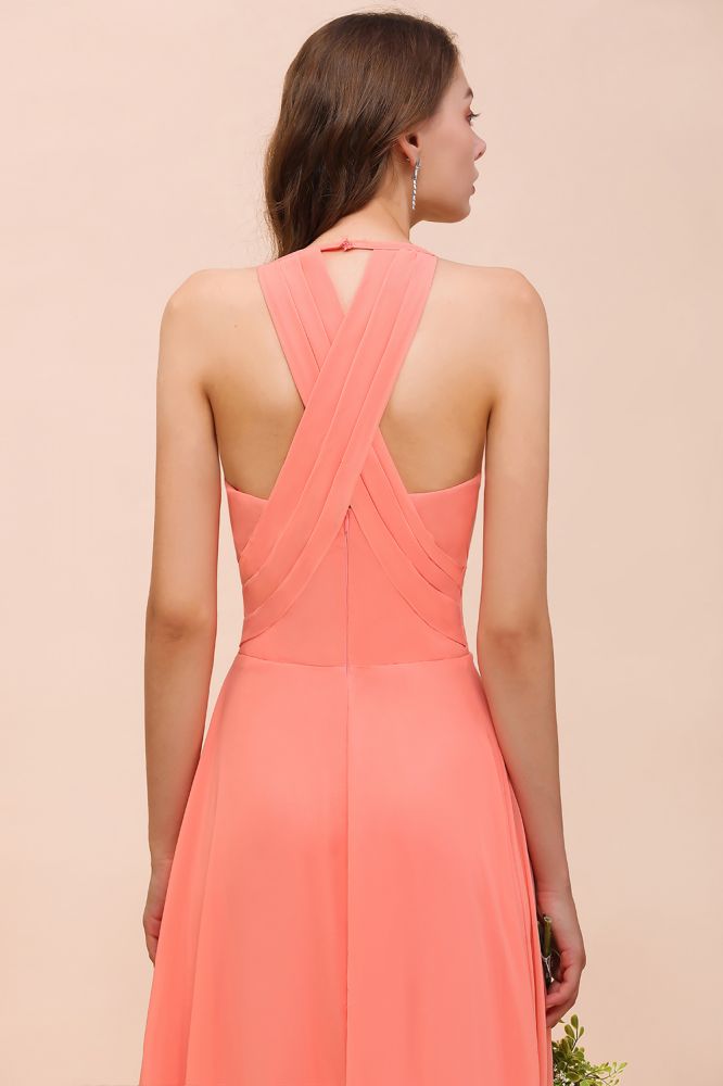 Elegant V-Neck Coral Ruffle Chiffon Bridesmaid Dress