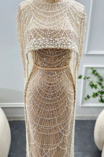 Luxury Pearls Dubai Mermaid Evening Dress with Cape Sleeves Seequined Floor Length Party Dress