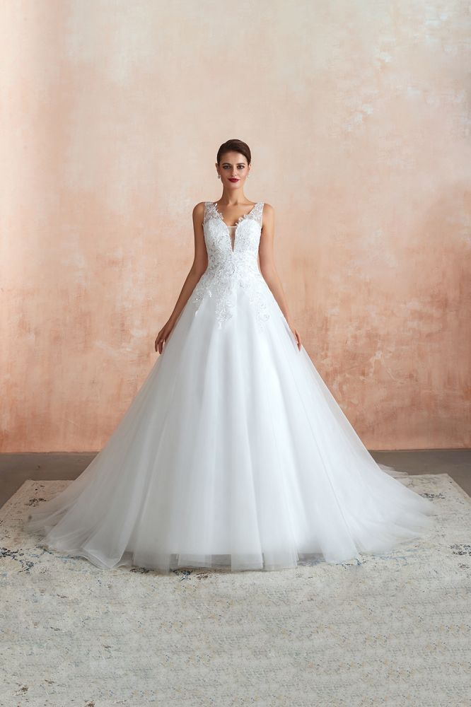 Carly | Sexy Pluging V-neck Ball Gown Wedding Dress with Chapel Train, Affordable Bridal Gowns with see-through Lace Back-Babyonlinewholesale