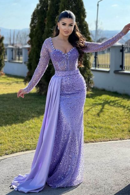 Lilac Long sleeves Mermaid Train Sweetheart Prom Dresses