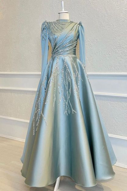 Light Blue A-line Satin Long sleeves Lace Prom Dresses