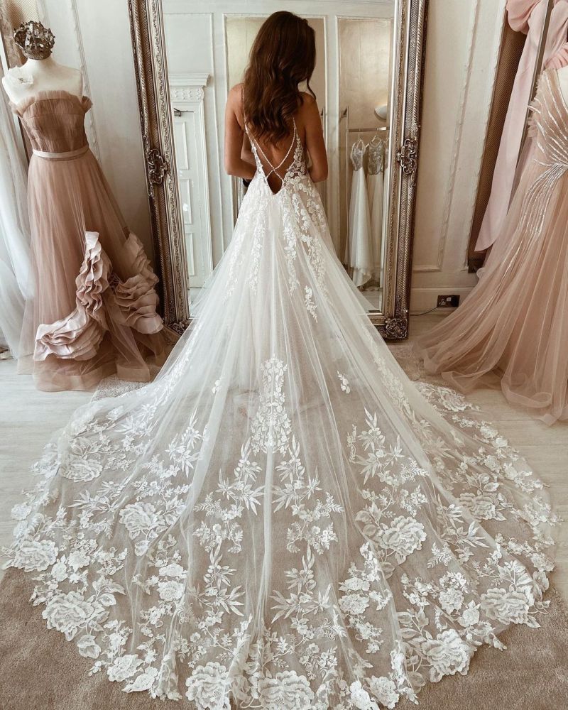 White lace beach tulle vneck boho long wedding dress