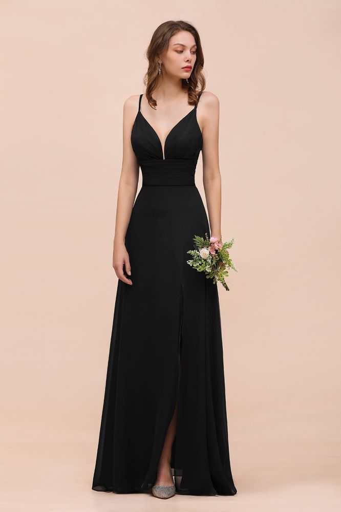 Charming Deep V-Neck Black Bridesmaid Dress with Side Slit with Spaghetti Straps