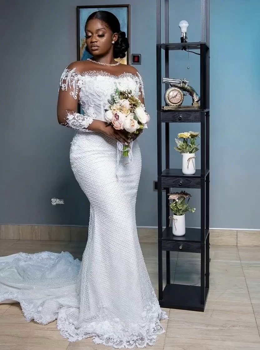 Mermaid Wedding Dress with Long Sleeves Pearls Tulle Lace Bridal Gown Sweep Train